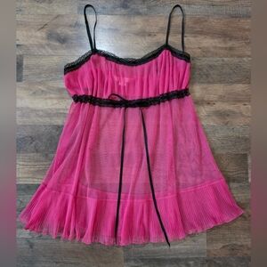 Victoria's Secret Vintage Women's Barbie Pink Black Trim Lace Night Gown Size S